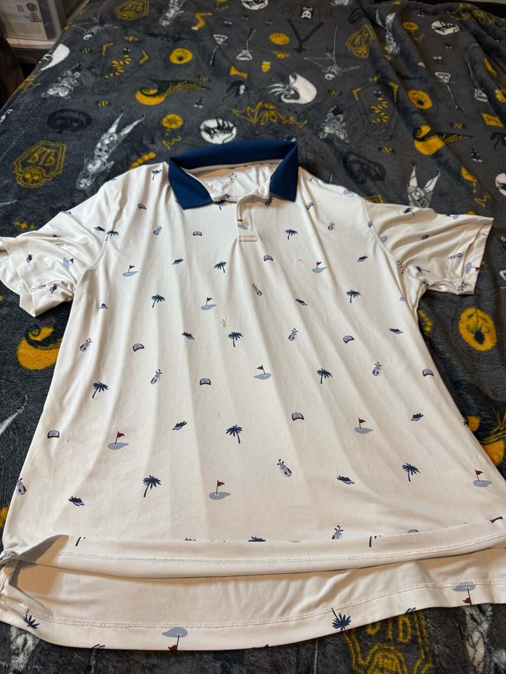 Unbranded Golf Print Short Sleeve Polo Shirt White Blue Size XL
